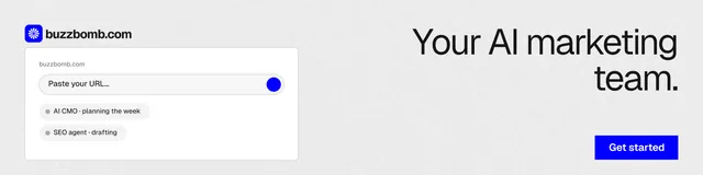 LinkedIn banner for BuzzBomb: "Your AI marketing team." Swiss style, right layout, light palette in white, blue.