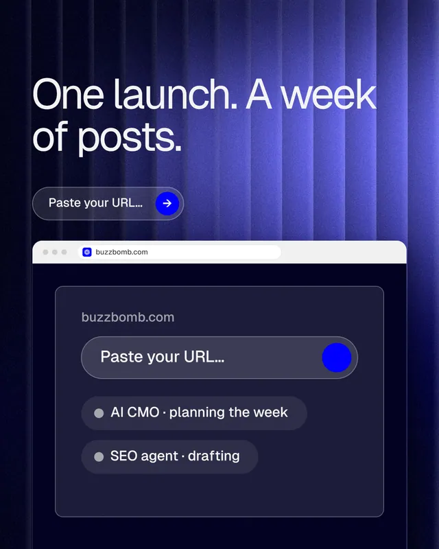 Instagram portrait post for BuzzBomb: "One launch. A week of posts." Agentic glass style, browser layout, dark palette in blue, black.