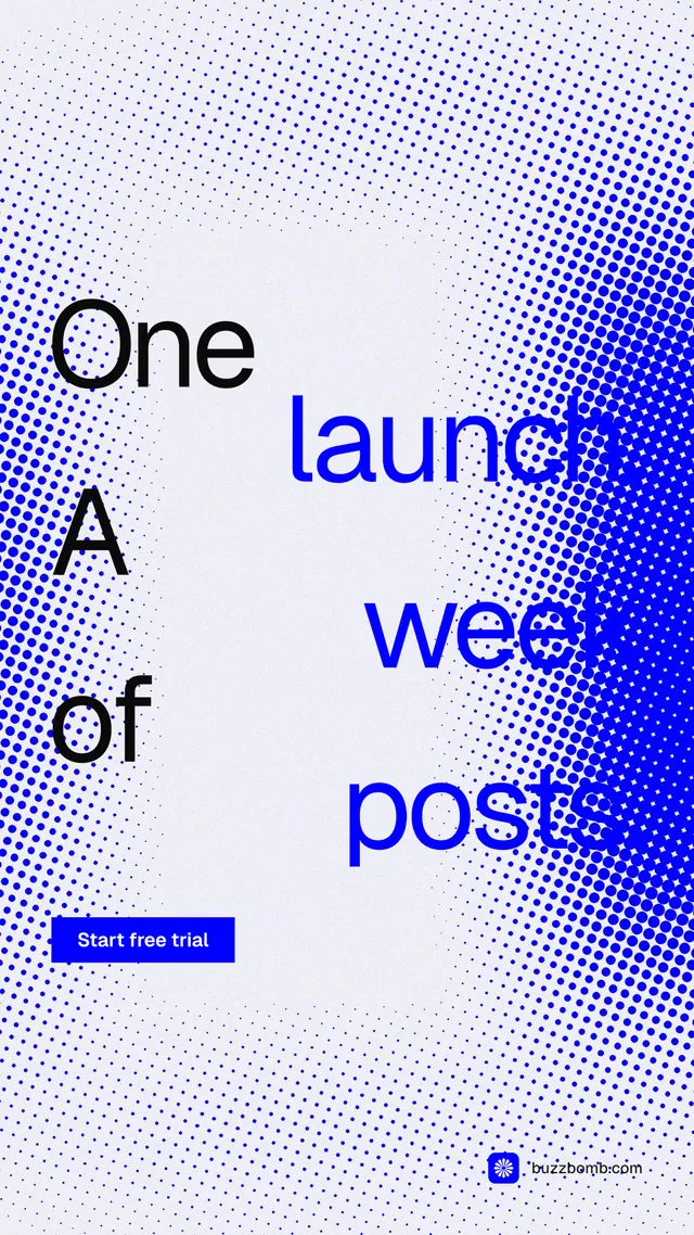 Instagram story for BuzzBomb: "One launch. A week of posts." Split block style, stacked layout, light palette in white, blue.