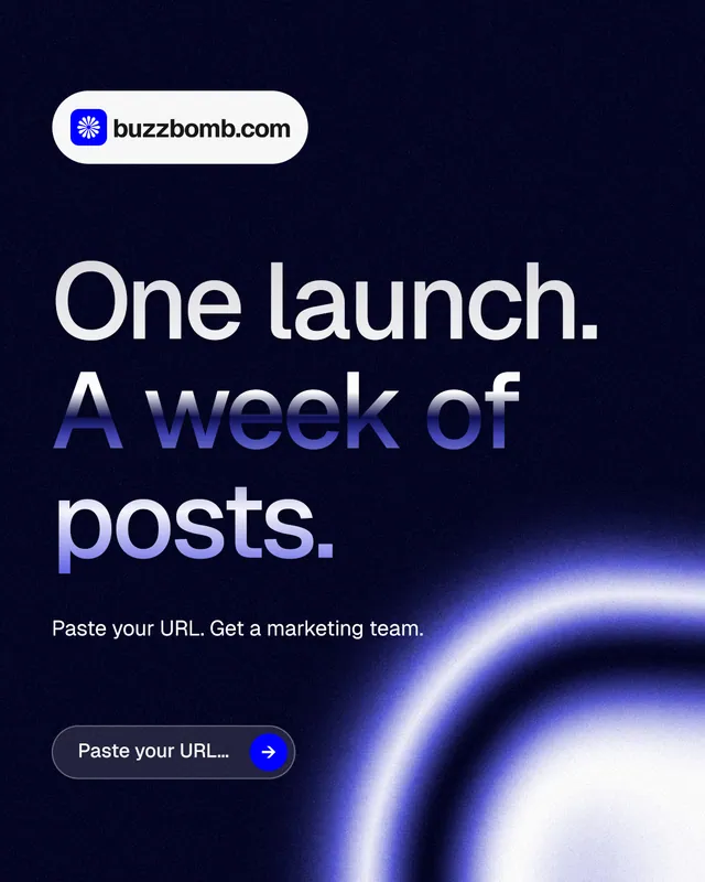 Instagram portrait post for BuzzBomb: "One launch. A week of posts." Agentic glass style, announce layout, dark palette in black, blue.