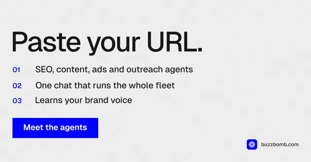 Social ad for BuzzBomb: "Paste your URL." Swiss style, numbered layout, light palette in white, blue.