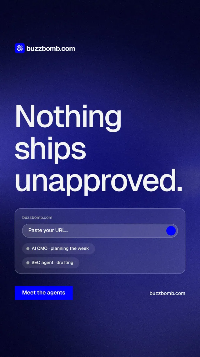 Instagram story for BuzzBomb: "Nothing ships unapproved." Swiss style, poster layout, dark palette in black, blue.