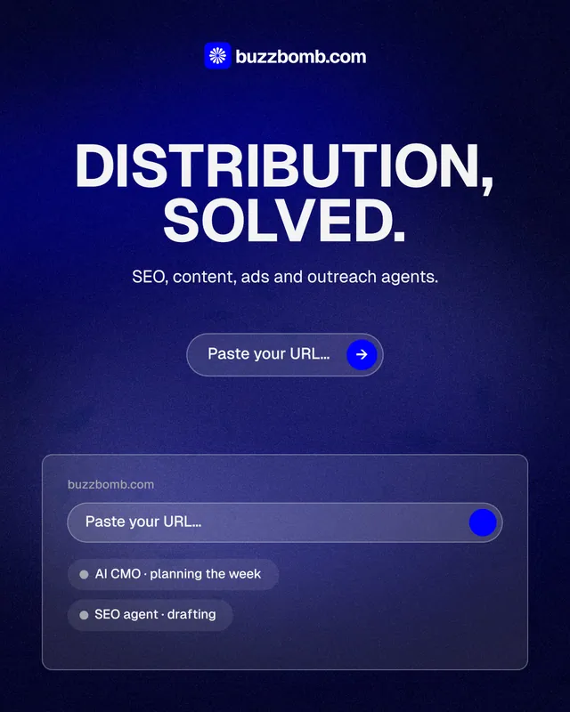 Instagram portrait post for BuzzBomb: "Distribution, solved." Agentic glass style, centred layout, dark palette in blue, black.
