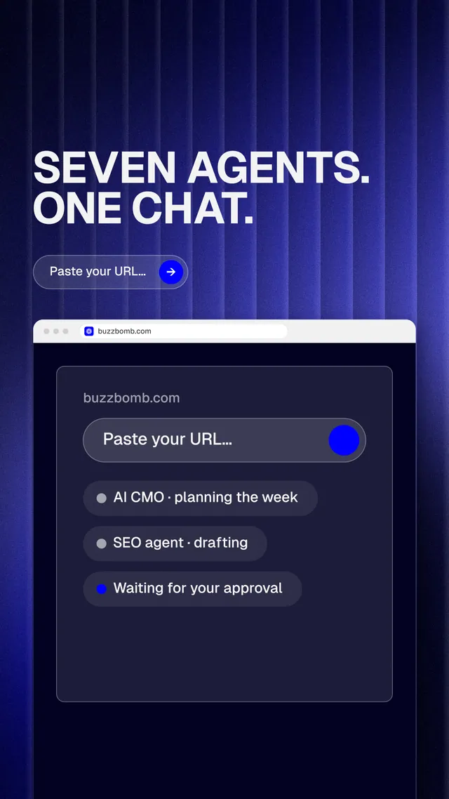 Instagram story for BuzzBomb: "Seven agents. One chat." Agentic glass style, browser layout, dark palette in blue, black, grey.