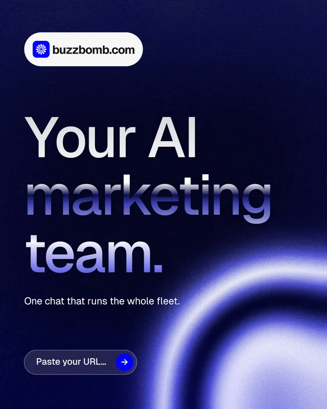 Instagram portrait post for BuzzBomb: "Your AI marketing team." Agentic glass style, announce layout, dark palette in blue, black.