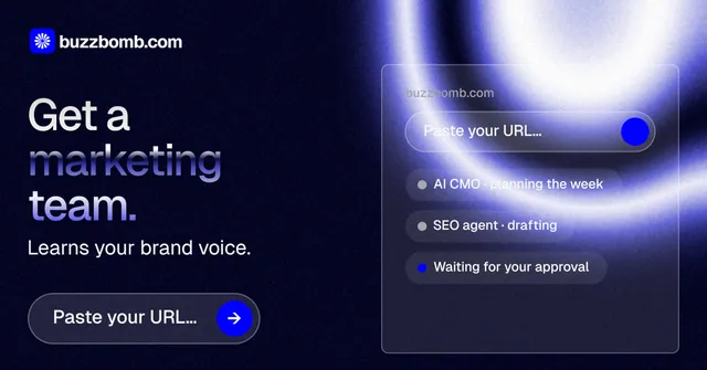 Social ad for BuzzBomb: "Get a marketing team." Agentic glass style, bottom layout, dark palette in black, blue.