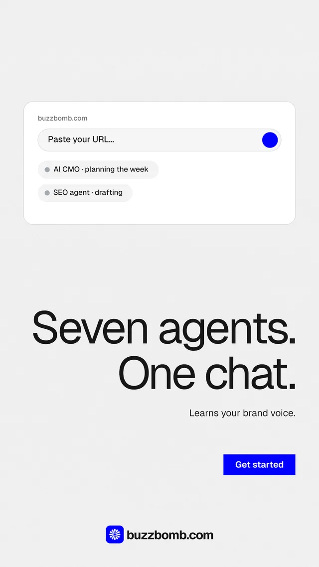 Instagram story for BuzzBomb: "Seven agents. One chat." Swiss style, right layout, light palette in white, grey.