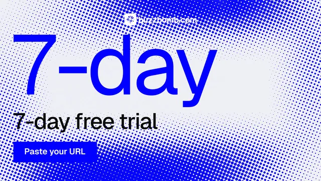 Landscape graphic for BuzzBomb: "One launch. A week of posts." Split block style, stat layout, light palette in blue, white.
