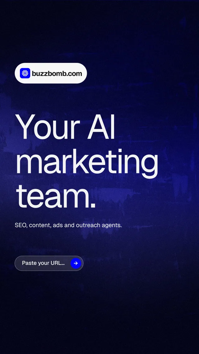 Instagram story for BuzzBomb: "Your AI marketing team." Agentic glass style, announce layout, dark palette in black, blue, grey.