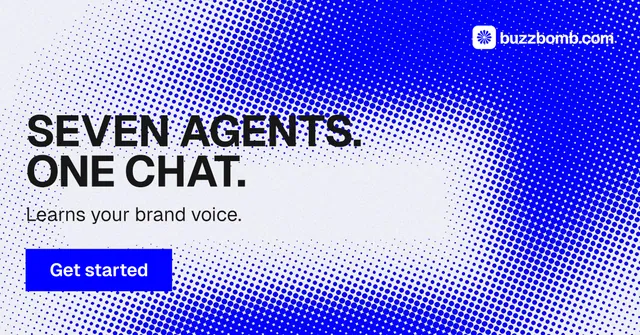 Social ad for BuzzBomb: "Seven agents. One chat." Split block style, skeleton layout, light palette in blue, white.