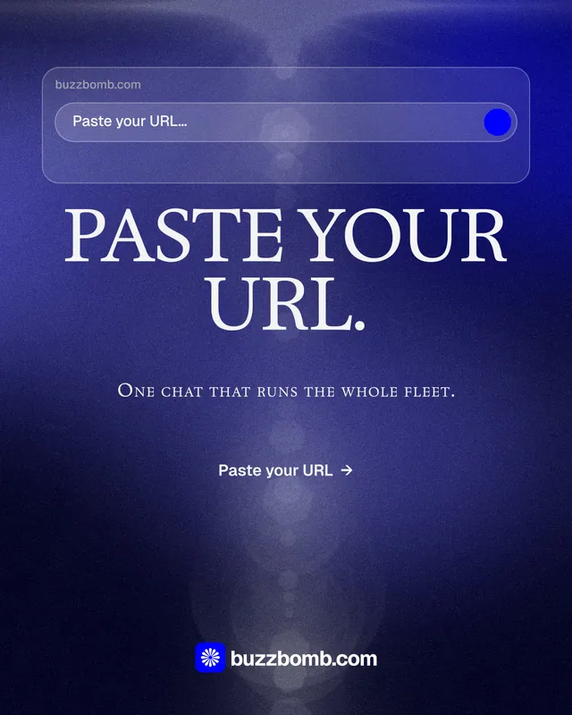 Instagram portrait post for BuzzBomb: "Paste your URL." Swiss style, smallcaps layout, dark palette in blue.