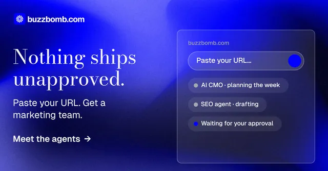 Social ad for BuzzBomb: "Nothing ships unapproved." Minimal luxury style, bottom layout, dark palette in blue.