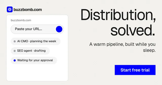Social ad for BuzzBomb: "Distribution, solved." Swiss style, right layout, light palette in white, blue.