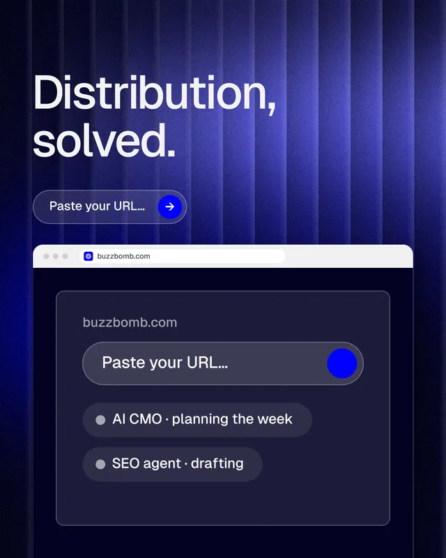 Instagram portrait post for BuzzBomb: "Distribution, solved." Agentic glass style, browser layout, dark palette in blue, black, grey.