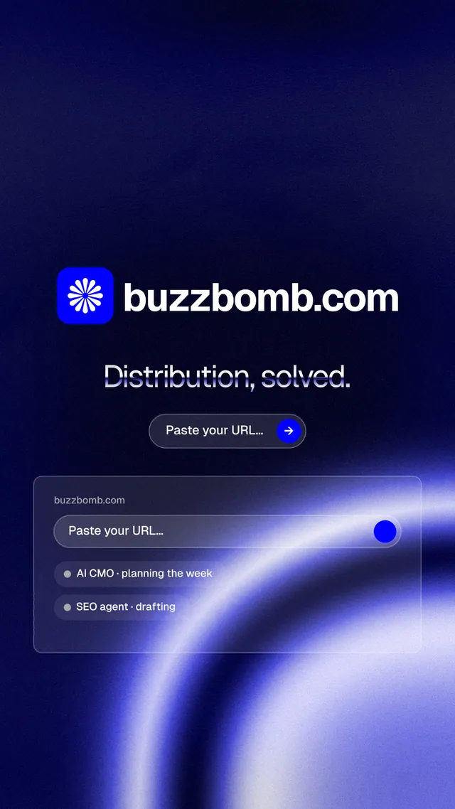 Instagram story for BuzzBomb: "Distribution, solved." Agentic glass style, logo hero layout, dark palette in blue, black.