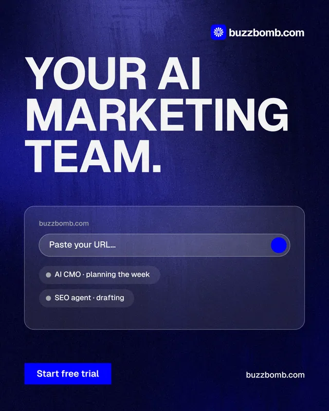 Instagram portrait post for BuzzBomb: "Your AI marketing team." Swiss style, poster layout, dark palette in black, blue.