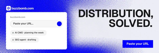 X header for BuzzBomb: "Distribution, solved." Swiss style, right layout, light palette in white, blue.