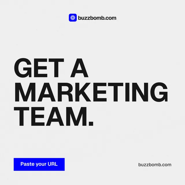 Instagram post for BuzzBomb: "Get a marketing team." Swiss style, poster layout, light palette in white, blue.