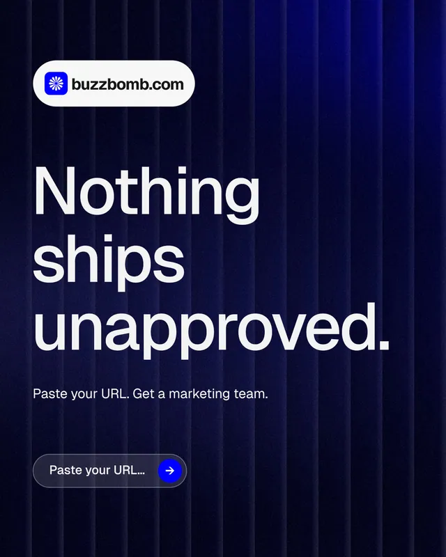 Instagram portrait post for BuzzBomb: "Nothing ships unapproved." Agentic glass style, announce layout, dark palette in blue, black, grey.