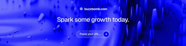 LinkedIn banner for BuzzBomb: "Spark some growth today." Agentic glass style, centred layout, dark palette in blue.