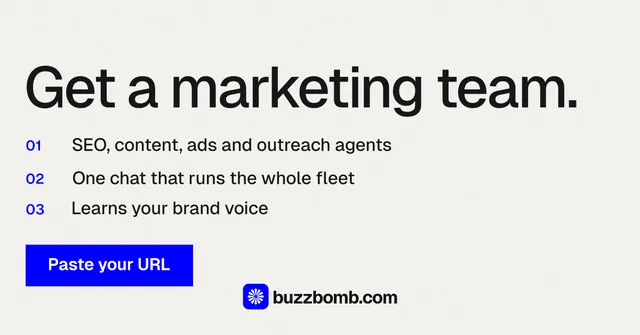Social ad for BuzzBomb: "Get a marketing team." Swiss style, numbered layout, light palette in white, blue.