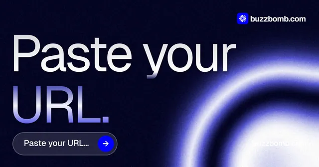 Social ad for BuzzBomb: "Paste your URL." Agentic glass style, poster layout, dark palette in black, blue.