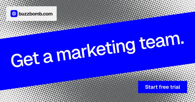 Social ad for BuzzBomb: "Get a marketing team." Swiss style, diagonal layout, dark palette in blue, grey.