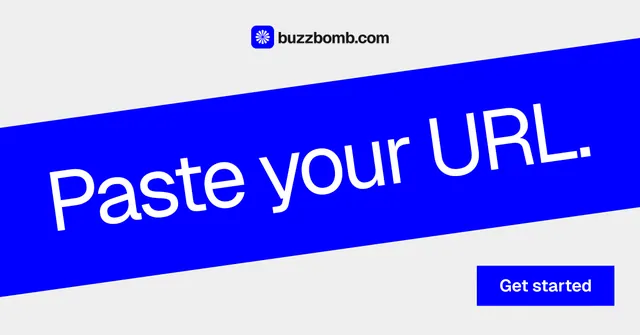 Social ad for BuzzBomb: "Paste your URL." Swiss style, diagonal layout, light palette in blue, white.