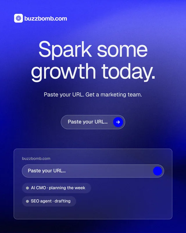 Instagram portrait post for BuzzBomb: "Spark some growth today." Agentic glass style, centred layout, dark palette in blue.