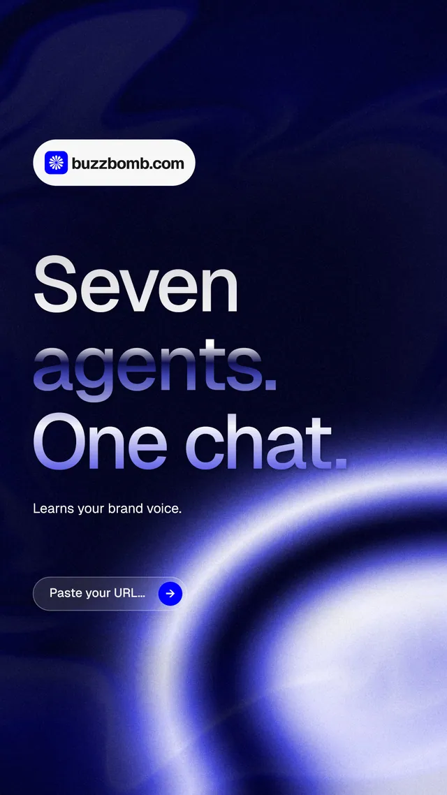 Instagram story for BuzzBomb: "Seven agents. One chat." Agentic glass style, announce layout, dark palette in black, blue.