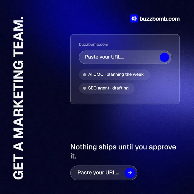 Instagram post for BuzzBomb: "Get a marketing team." Agentic glass style, vertical layout, dark palette in black, blue.