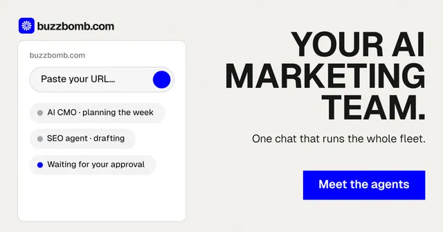 Social ad for BuzzBomb: "Your AI marketing team." Swiss style, right layout, light palette in white, blue.