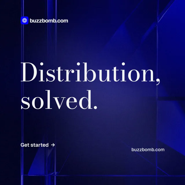 Instagram post for BuzzBomb: "Distribution, solved." Minimal luxury style, poster layout, dark palette in black, blue.