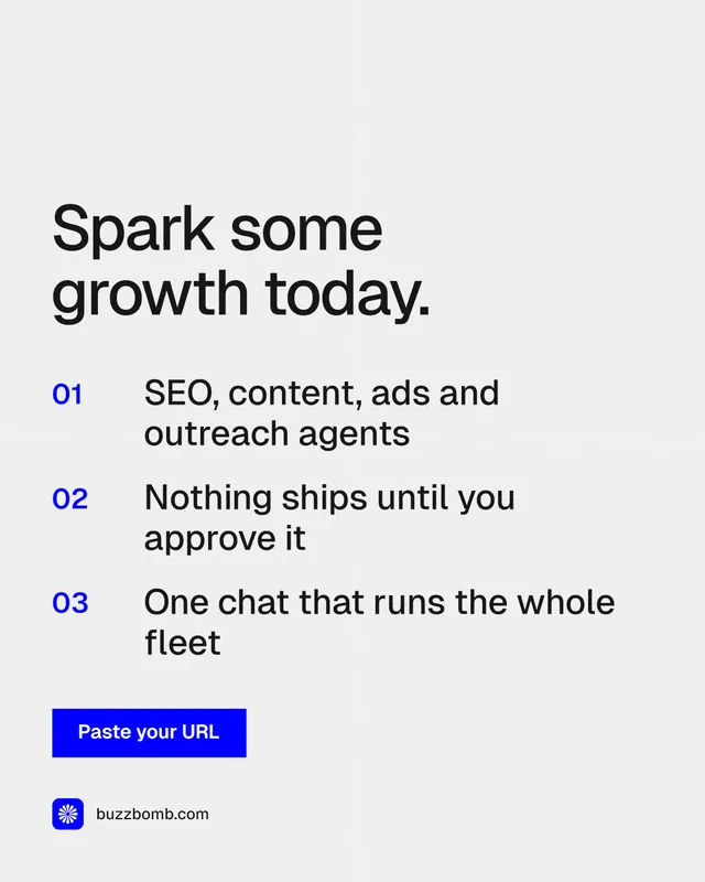 Instagram portrait post for BuzzBomb: "Spark some growth today." Swiss style, numbered layout, light palette in white, grey.