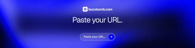 LinkedIn banner for BuzzBomb: "Paste your URL." Agentic glass style, centred layout, dark palette in blue.