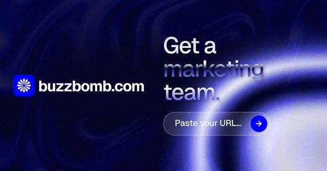 Social ad for BuzzBomb: "Get a marketing team." Agentic glass style, logo hero layout, dark palette in blue, black.