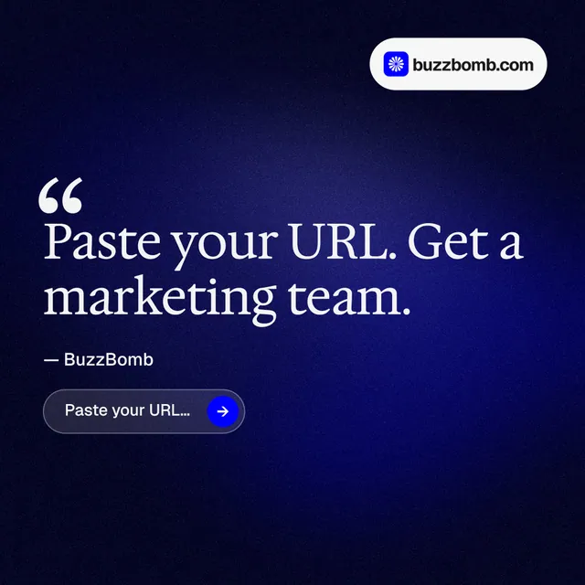 Instagram post for BuzzBomb: "Get a marketing team." Agentic glass style, quote layout, dark palette in black, blue, grey.