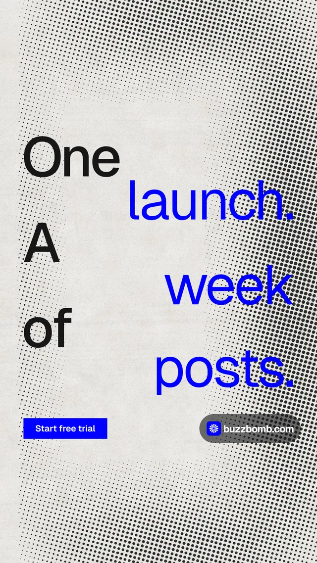 Instagram story for BuzzBomb: "One launch. A week of posts." Swiss style, stacked layout, light palette in grey, white, blue.
