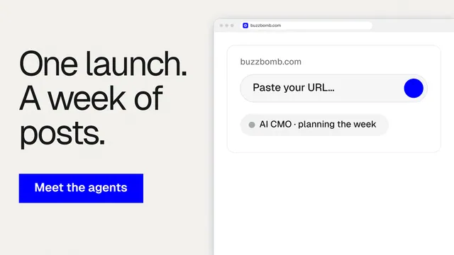 Landscape graphic for BuzzBomb: "One launch. A week of posts." Swiss style, browser layout, light palette in white, blue.