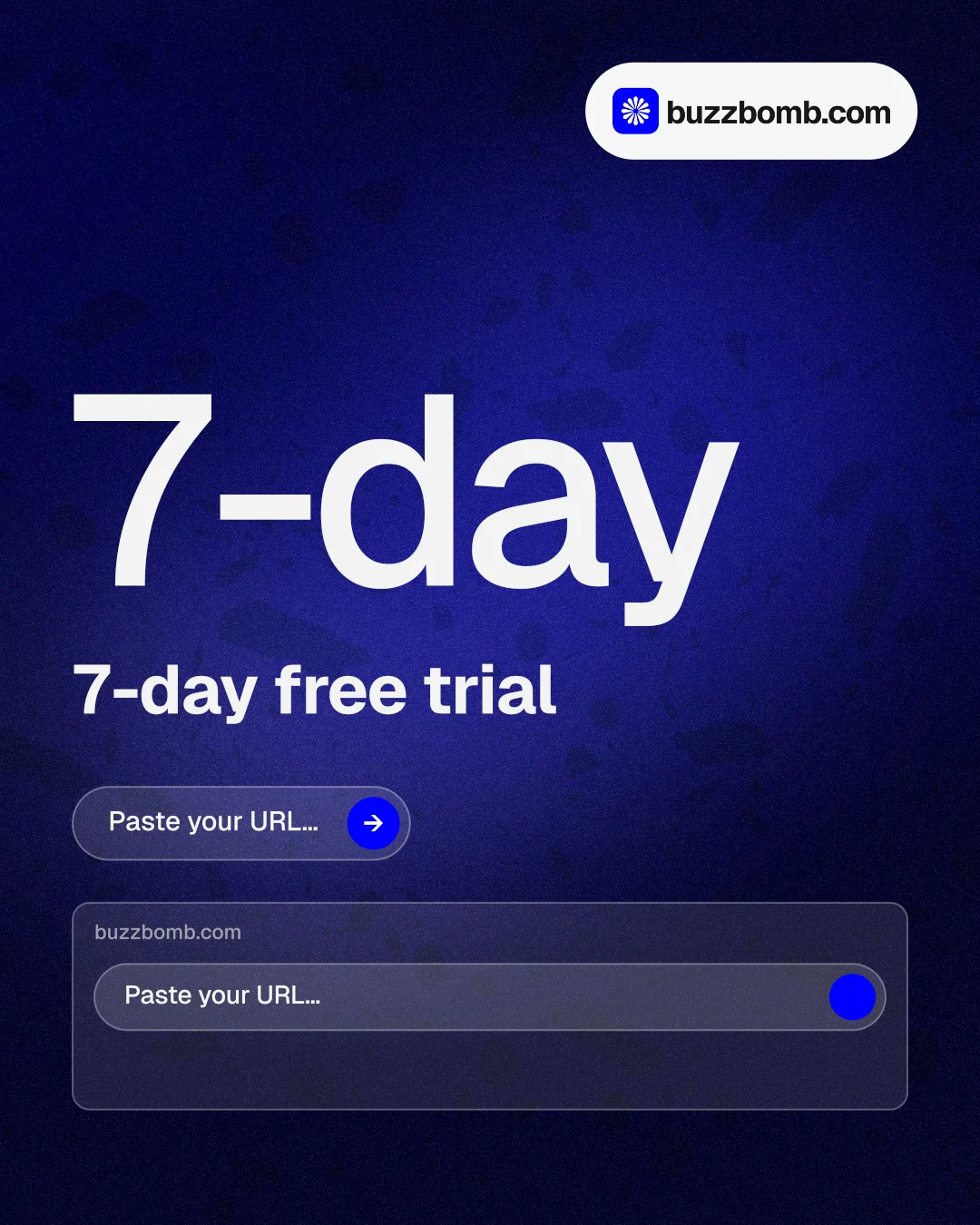 Instagram portrait post for BuzzBomb: "One launch. A week of posts." Agentic glass style, stat layout, dark palette in blue, black.