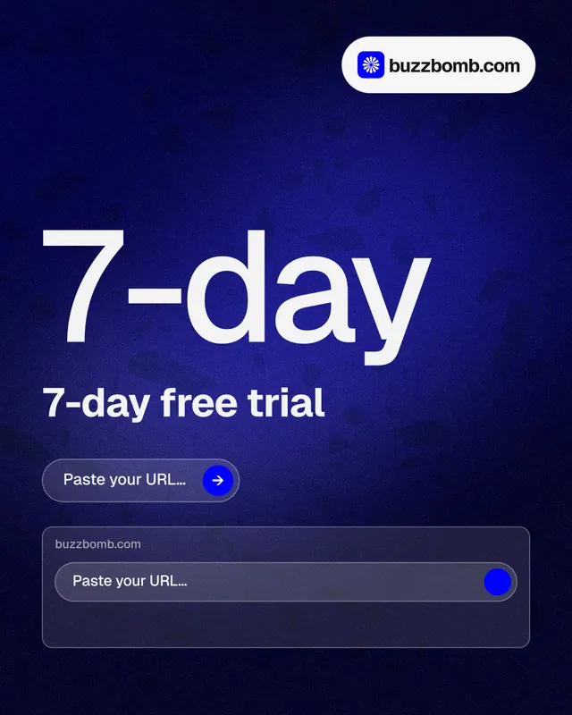 Instagram portrait post for BuzzBomb: "One launch. A week of posts." Agentic glass style, stat layout, dark palette in blue, black.