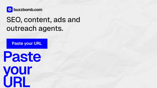 Landscape graphic for BuzzBomb: "Paste your URL." Swiss style, oversized layout, light palette in white, blue.