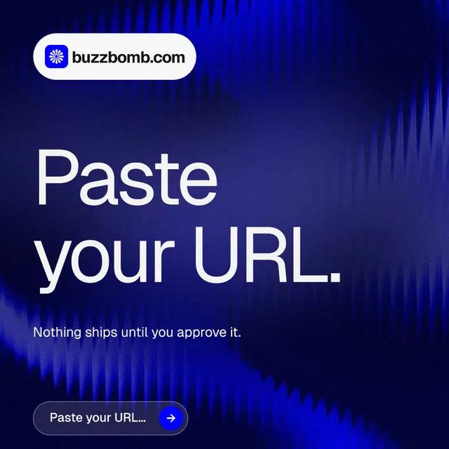 Instagram post for BuzzBomb: "Paste your URL." Agentic glass style, announce layout, dark palette in blue.