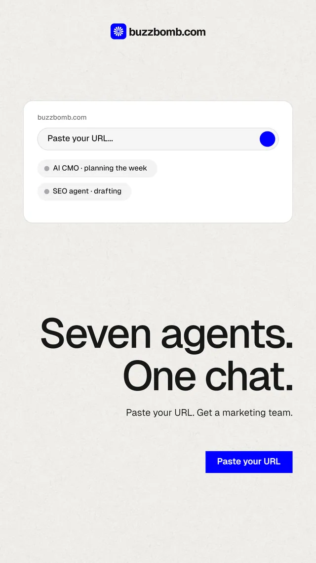Instagram story for BuzzBomb: "Seven agents. One chat." Swiss style, right layout, light palette in white, grey.