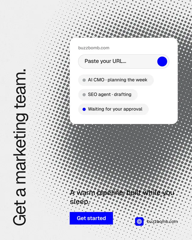 Instagram portrait post for BuzzBomb: "Get a marketing team." Swiss style, vertical layout, light palette in grey, white.