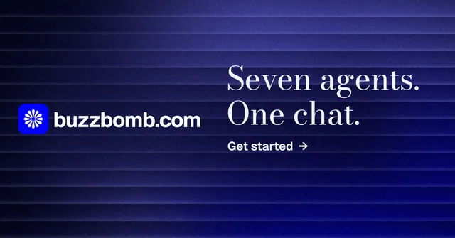 Social ad for BuzzBomb: "Seven agents. One chat." Minimal luxury style, logo hero layout, dark palette in blue.