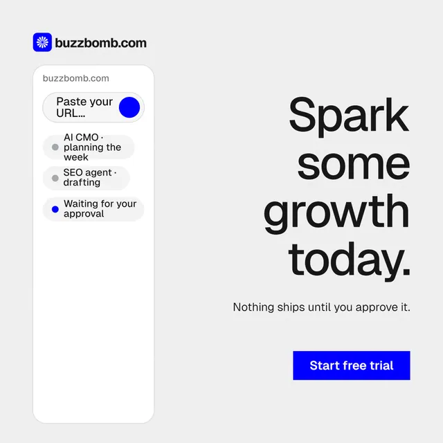 Instagram post for BuzzBomb: "Spark some growth today." Swiss style, right layout, light palette in white, grey.