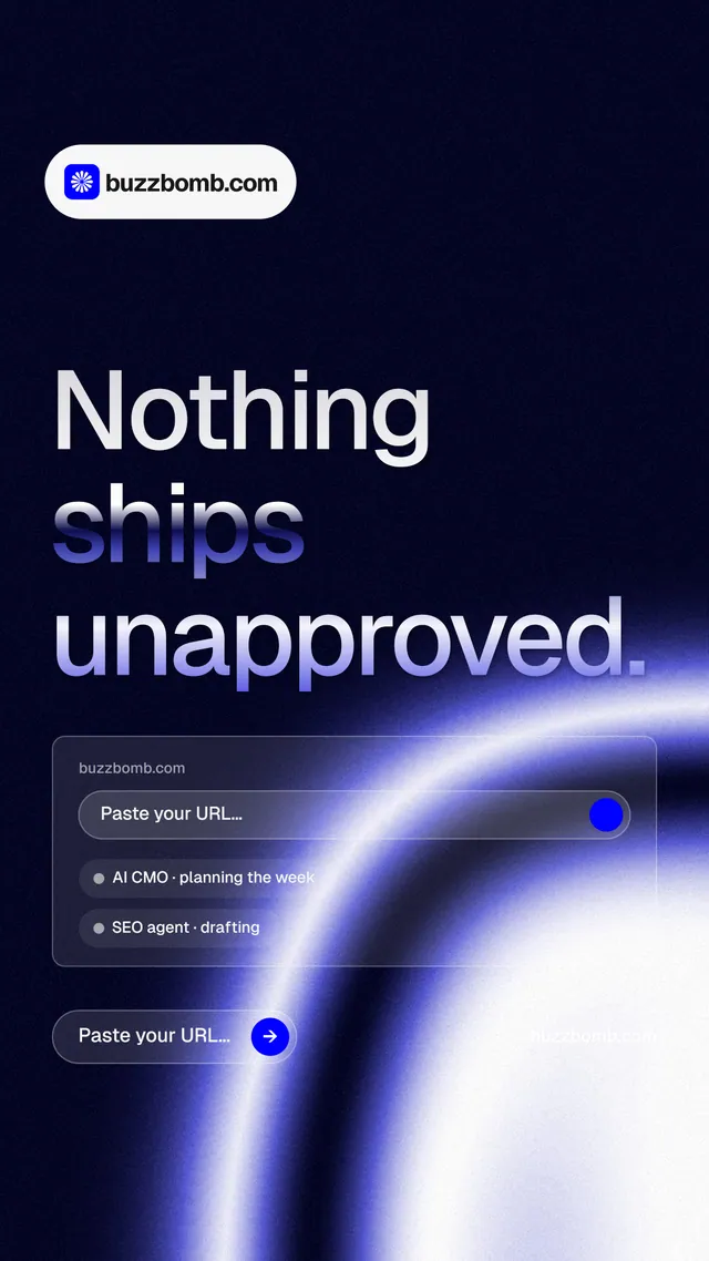 Instagram story for BuzzBomb: "Nothing ships unapproved." Agentic glass style, poster layout, dark palette in black, blue.