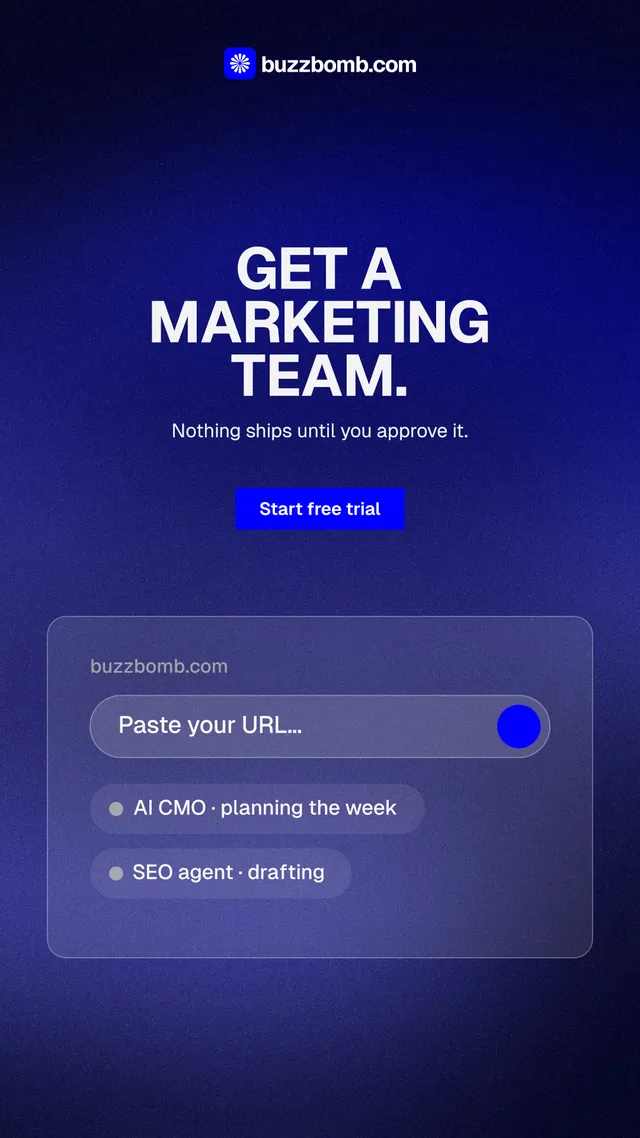 Instagram story for BuzzBomb: "Get a marketing team." Swiss style, centred layout, dark palette in blue.