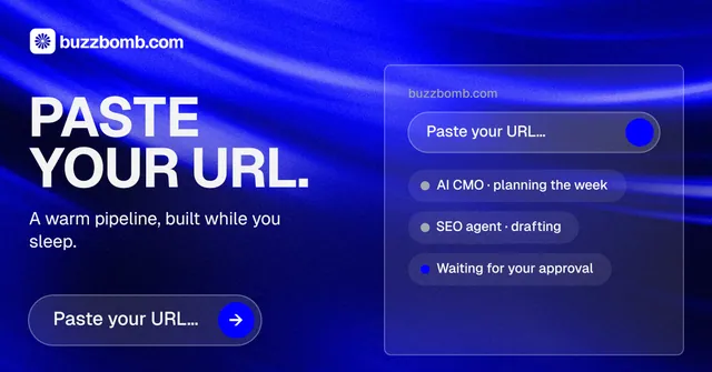 Social ad for BuzzBomb: "Paste your URL." Agentic glass style, bottom layout, dark palette in blue.